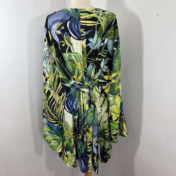 H M Dress Womens L Short Kaftan Multi Tropical Parrot Belted Vacation Resort - Picture 6 of 12